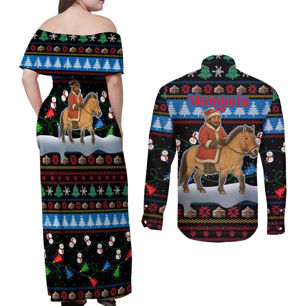 Mongolia Christmas Couples Matching Off Shoulder Maxi Dress and Long Sleeve Button Shirt with Santa Riding Horse Snowmen Yurts and Winter Holiday - Wonder Print Shop