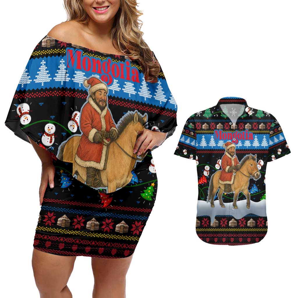 Mongolia Christmas Couples Matching Off Shoulder Short Dress and Hawaiian Shirt with Santa Riding Horse Snowmen Yurts and Winter Holiday - Wonder Print Shop