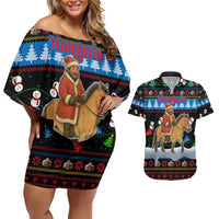 Mongolia Christmas Couples Matching Off Shoulder Short Dress and Hawaiian Shirt with Santa Riding Horse Snowmen Yurts and Winter Holiday - Wonder Print Shop