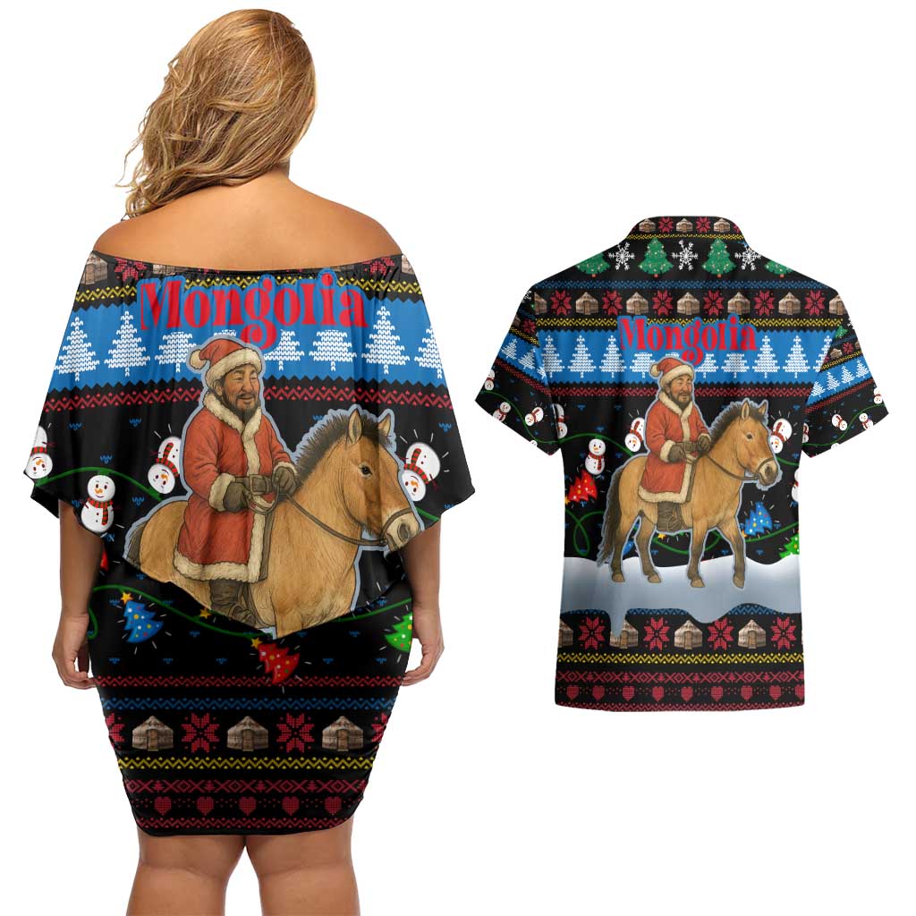 Mongolia Christmas Couples Matching Off Shoulder Short Dress and Hawaiian Shirt with Santa Riding Horse Snowmen Yurts and Winter Holiday - Wonder Print Shop