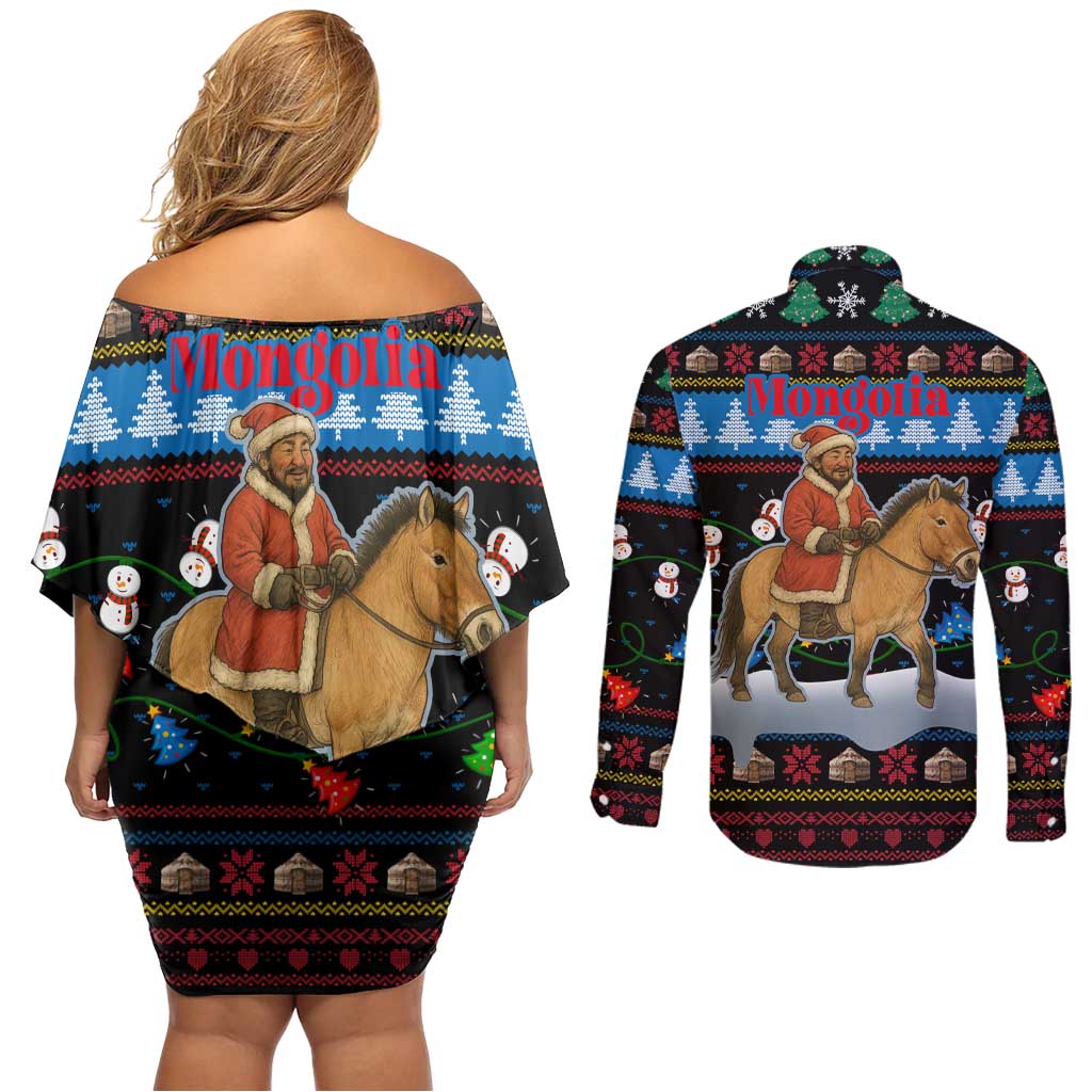 Mongolia Christmas Couples Matching Off Shoulder Short Dress and Long Sleeve Button Shirt with Santa Riding Horse Snowmen Yurts and Winter Holiday - Wonder Print Shop
