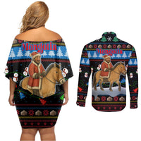 Mongolia Christmas Couples Matching Off Shoulder Short Dress and Long Sleeve Button Shirt with Santa Riding Horse Snowmen Yurts and Winter Holiday - Wonder Print Shop