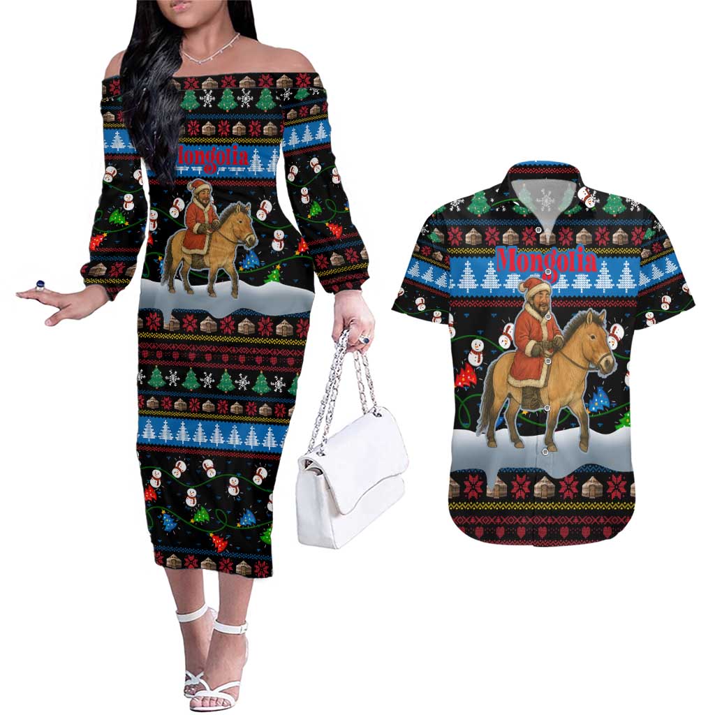 Mongolia Christmas Couples Matching Off The Shoulder Long Sleeve Dress and Hawaiian Shirt with Santa Riding Horse Snowmen Yurts and Winter Holiday - Wonder Print Shop