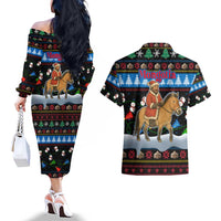 Mongolia Christmas Couples Matching Off The Shoulder Long Sleeve Dress and Hawaiian Shirt with Santa Riding Horse Snowmen Yurts and Winter Holiday - Wonder Print Shop