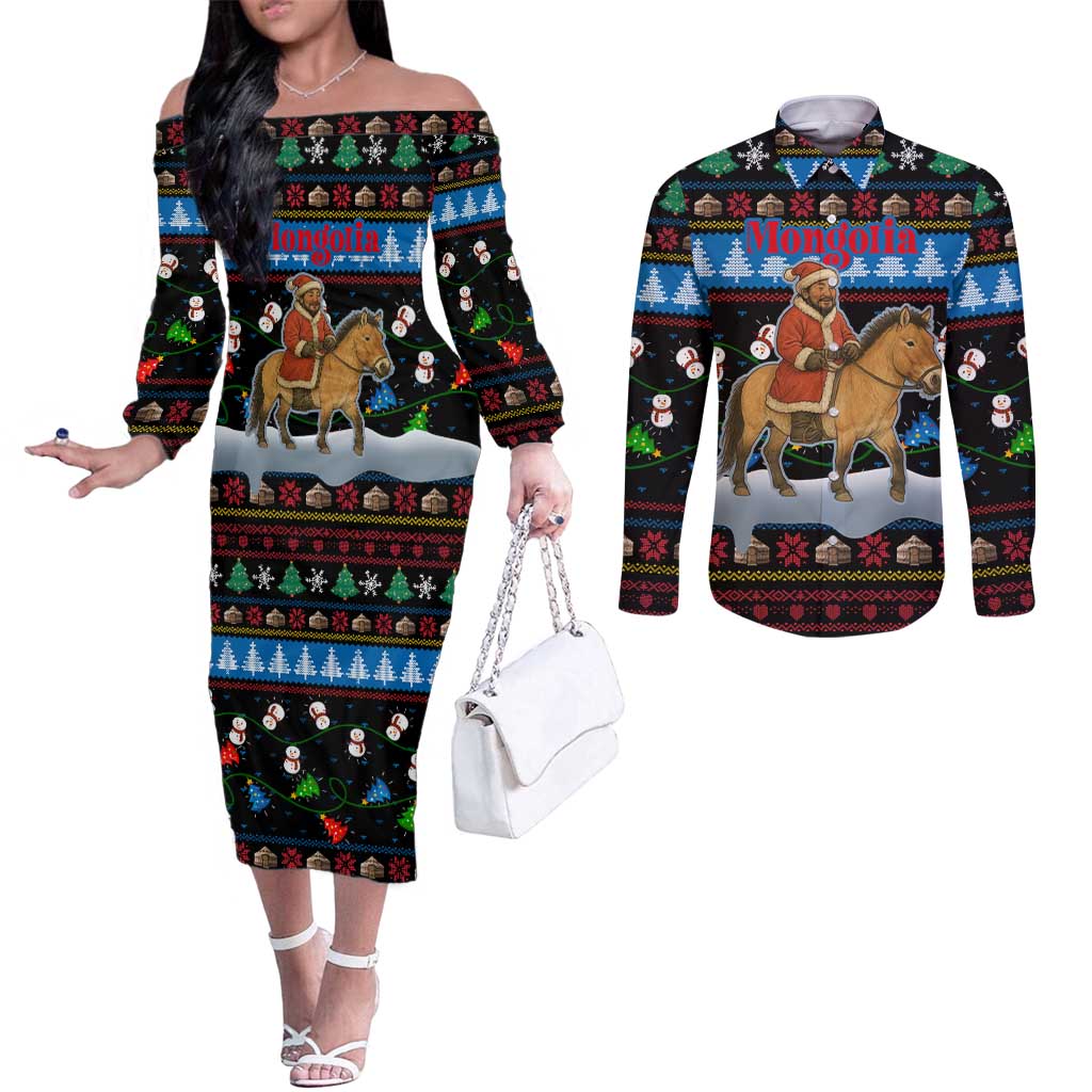 Mongolia Christmas Couples Matching Off The Shoulder Long Sleeve Dress and Long Sleeve Button Shirt with Santa Riding Horse Snowmen Yurts and Winter Holiday - Wonder Print Shop