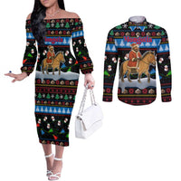 Mongolia Christmas Couples Matching Off The Shoulder Long Sleeve Dress and Long Sleeve Button Shirt with Santa Riding Horse Snowmen Yurts and Winter Holiday - Wonder Print Shop