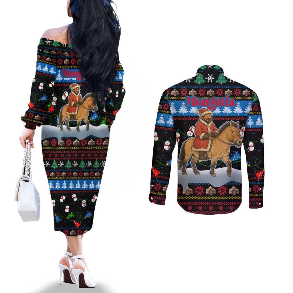 Mongolia Christmas Couples Matching Off The Shoulder Long Sleeve Dress and Long Sleeve Button Shirt with Santa Riding Horse Snowmen Yurts and Winter Holiday - Wonder Print Shop