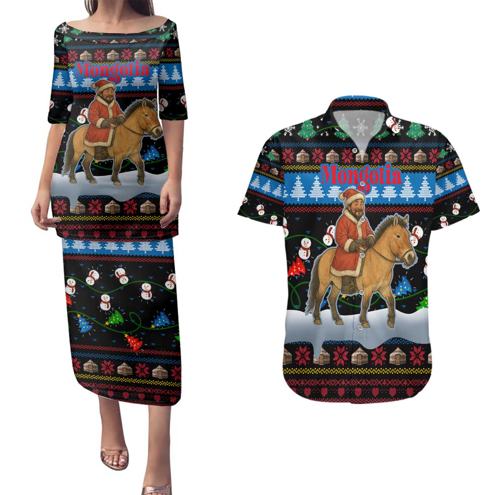 Mongolia Christmas Couples Matching Puletasi and Hawaiian Shirt with Santa Riding Horse Snowmen Yurts and Winter Holiday - Wonder Print Shop