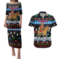 Mongolia Christmas Couples Matching Puletasi and Hawaiian Shirt with Santa Riding Horse Snowmen Yurts and Winter Holiday - Wonder Print Shop