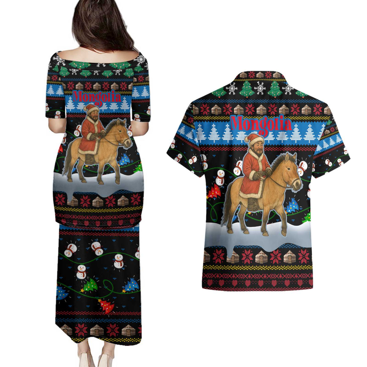 Mongolia Christmas Couples Matching Puletasi and Hawaiian Shirt with Santa Riding Horse Snowmen Yurts and Winter Holiday - Wonder Print Shop