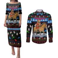 Mongolia Christmas Couples Matching Puletasi and Long Sleeve Button Shirt with Santa Riding Horse Snowmen Yurts and Winter Holiday - Wonder Print Shop