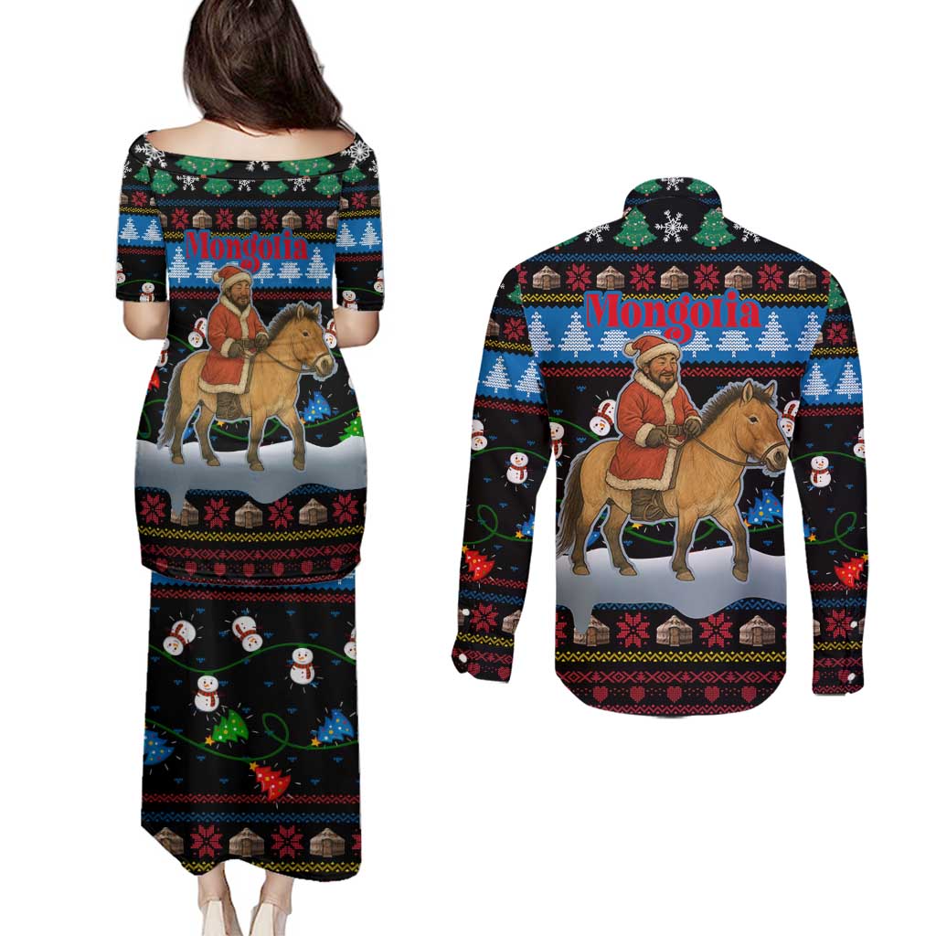 Mongolia Christmas Couples Matching Puletasi and Long Sleeve Button Shirt with Santa Riding Horse Snowmen Yurts and Winter Holiday - Wonder Print Shop