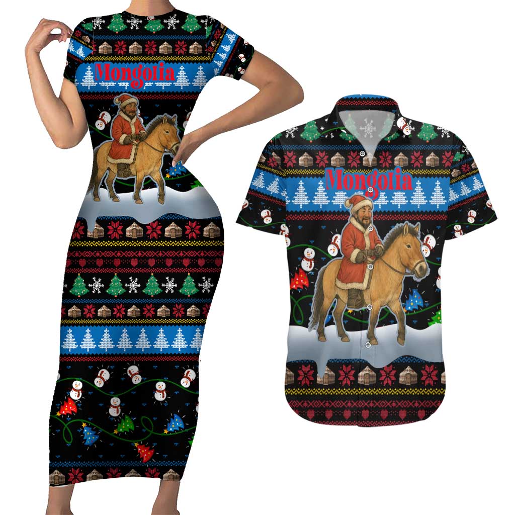Mongolia Christmas Couples Matching Short Sleeve Bodycon Dress and Hawaiian Shirt with Santa Riding Horse Snowmen Yurts and Winter Holiday - Wonder Print Shop
