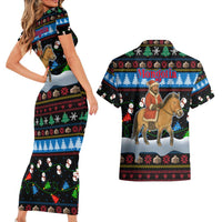 Mongolia Christmas Couples Matching Short Sleeve Bodycon Dress and Hawaiian Shirt with Santa Riding Horse Snowmen Yurts and Winter Holiday - Wonder Print Shop