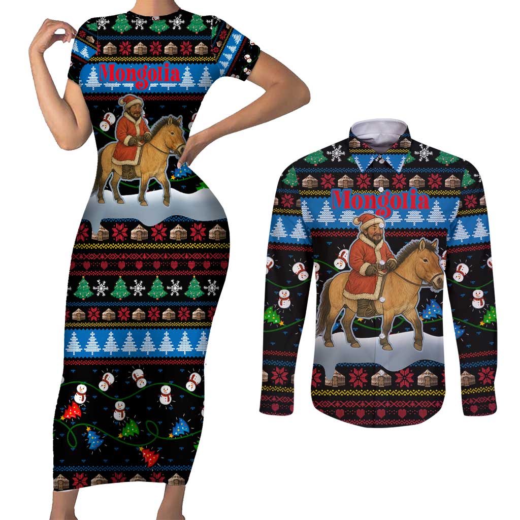 Mongolia Christmas Couples Matching Short Sleeve Bodycon Dress and Long Sleeve Button Shirt with Santa Riding Horse Snowmen Yurts and Winter Holiday - Wonder Print Shop