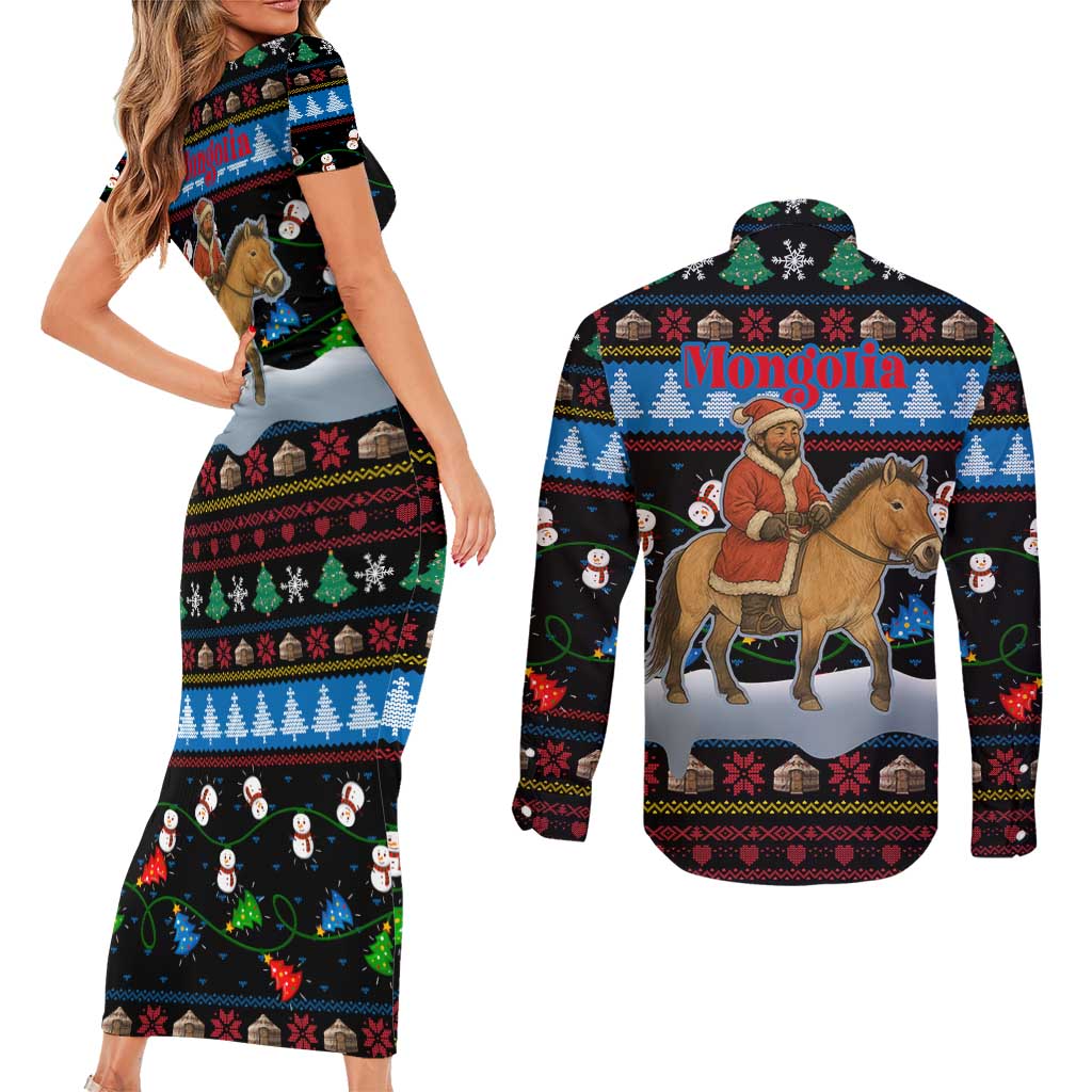 Mongolia Christmas Couples Matching Short Sleeve Bodycon Dress and Long Sleeve Button Shirt with Santa Riding Horse Snowmen Yurts and Winter Holiday - Wonder Print Shop