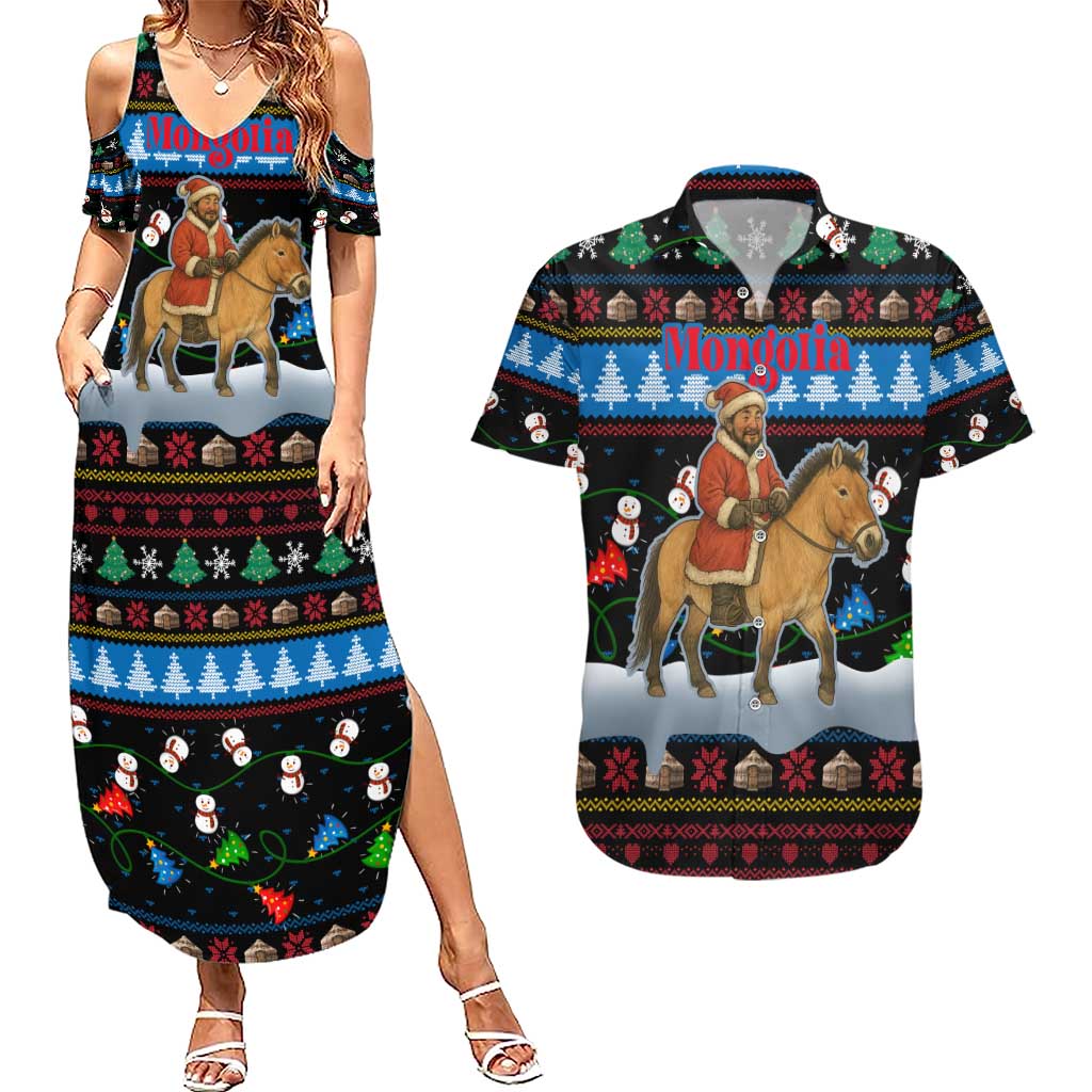 Mongolia Christmas Couples Matching Summer Maxi Dress and Hawaiian Shirt with Santa Riding Horse Snowmen Yurts and Winter Holiday - Wonder Print Shop