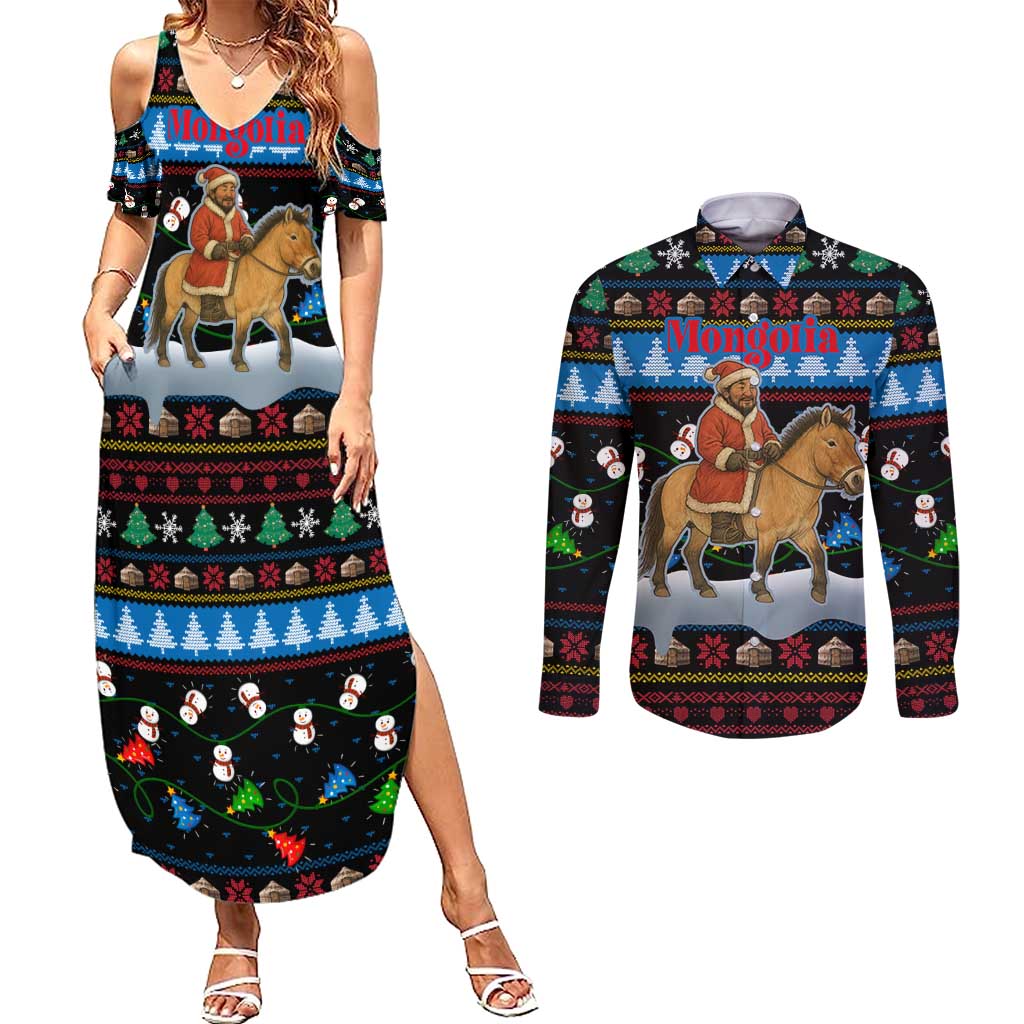 Mongolia Christmas Couples Matching Summer Maxi Dress and Long Sleeve Button Shirt with Santa Riding Horse Snowmen Yurts and Winter Holiday - Wonder Print Shop