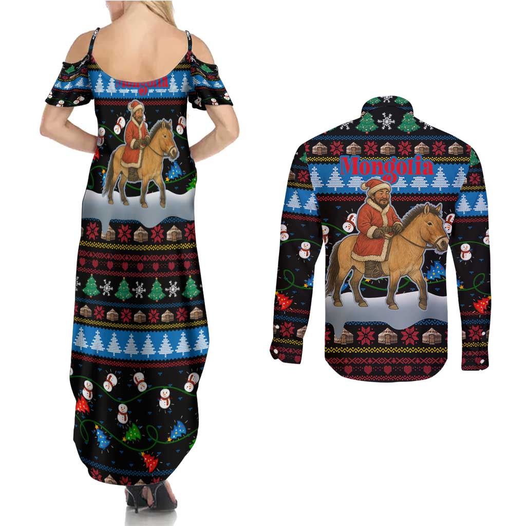 Mongolia Christmas Couples Matching Summer Maxi Dress and Long Sleeve Button Shirt with Santa Riding Horse Snowmen Yurts and Winter Holiday - Wonder Print Shop