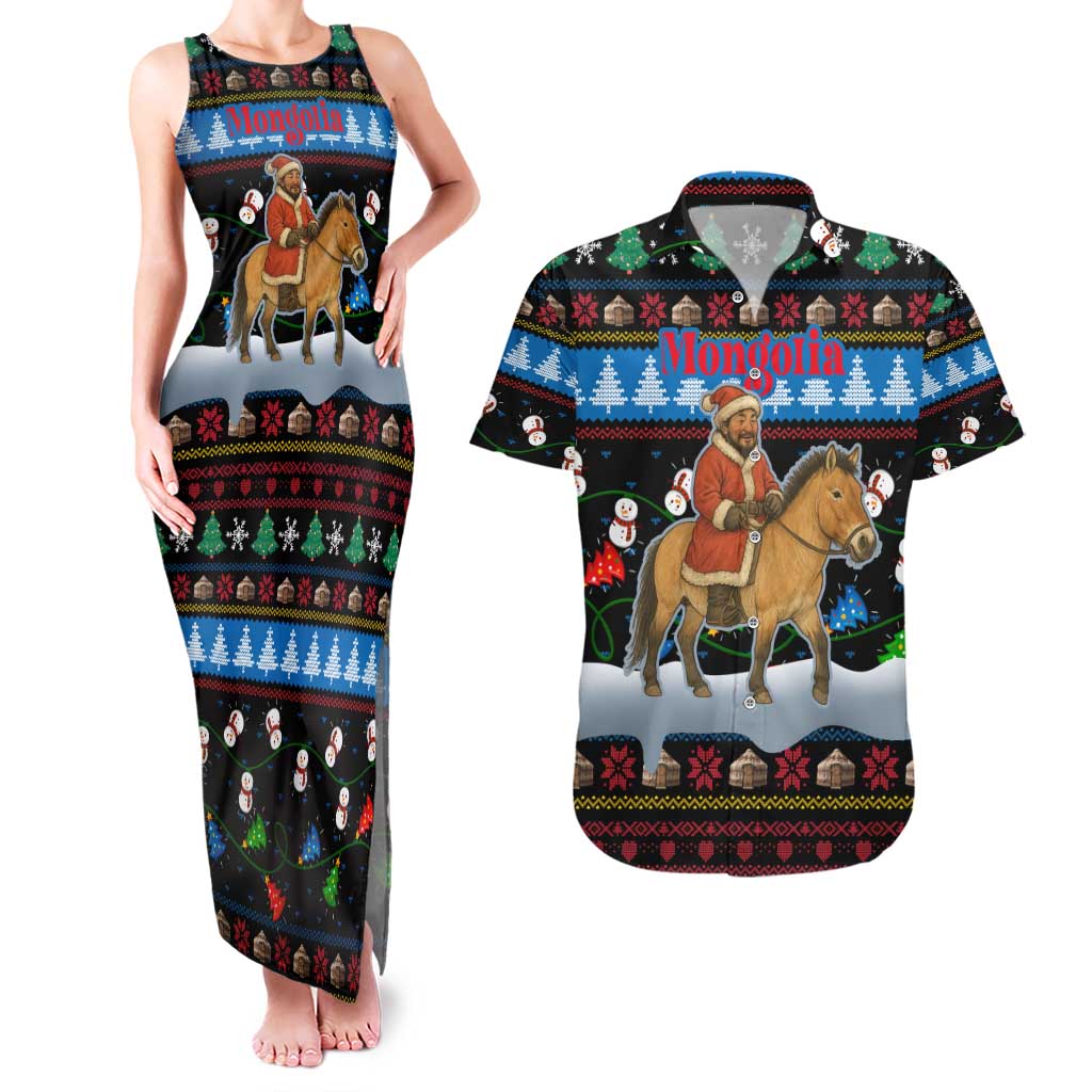 Mongolia Christmas Couples Matching Tank Maxi Dress and Hawaiian Shirt with Santa Riding Horse Snowmen Yurts and Winter Holiday - Wonder Print Shop