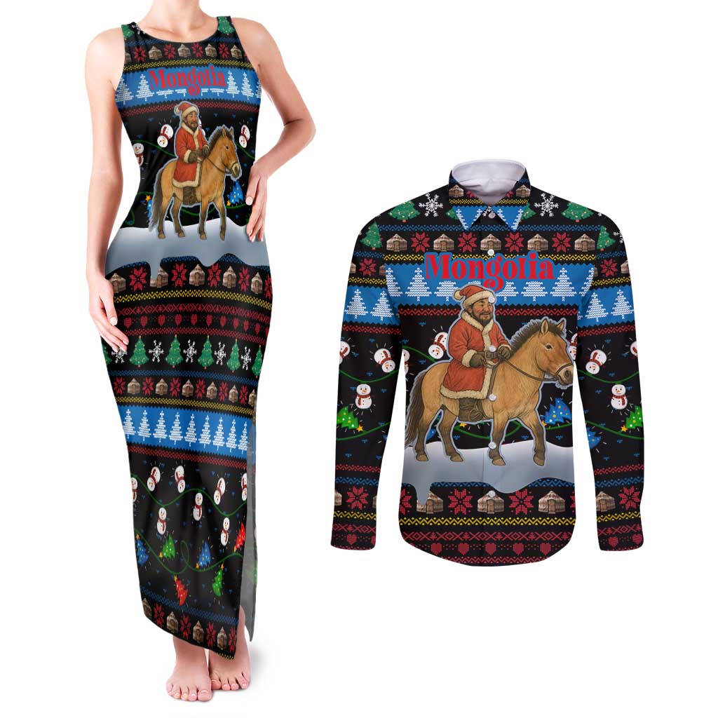 Mongolia Christmas Couples Matching Tank Maxi Dress and Long Sleeve Button Shirt with Santa Riding Horse Snowmen Yurts and Winter Holiday - Wonder Print Shop