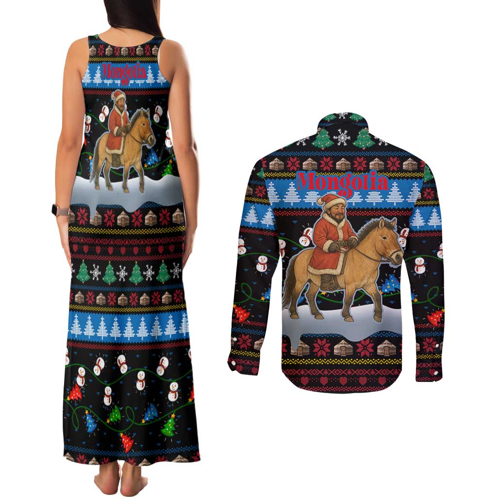 Mongolia Christmas Couples Matching Tank Maxi Dress and Long Sleeve Button Shirt with Santa Riding Horse Snowmen Yurts and Winter Holiday - Wonder Print Shop