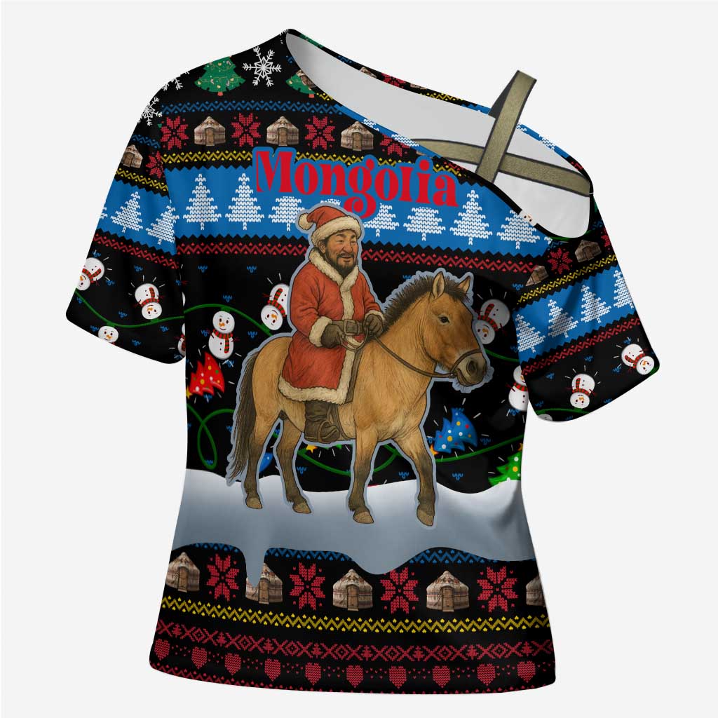 Mongolia Christmas Cross Shoulder Shirt with Santa Riding Horse Snowmen Yurts and Winter Holiday - Wonder Print Shop