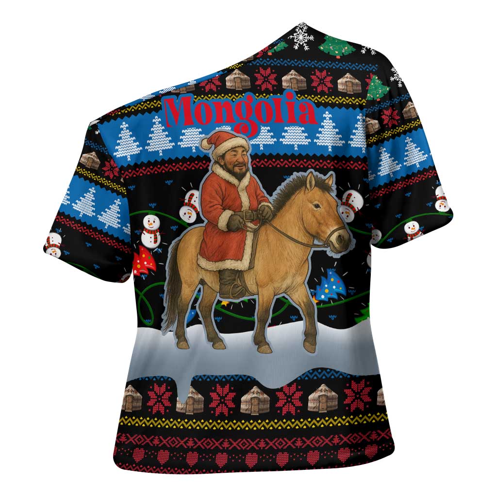 Mongolia Christmas Cross Shoulder Shirt with Santa Riding Horse Snowmen Yurts and Winter Holiday - Wonder Print Shop