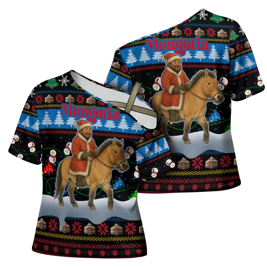 Mongolia Christmas Cross Shoulder Shirt with Santa Riding Horse Snowmen Yurts and Winter Holiday - Wonder Print Shop