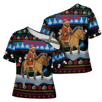 Mongolia Christmas Cross Shoulder Shirt with Santa Riding Horse Snowmen Yurts and Winter Holiday - Wonder Print Shop