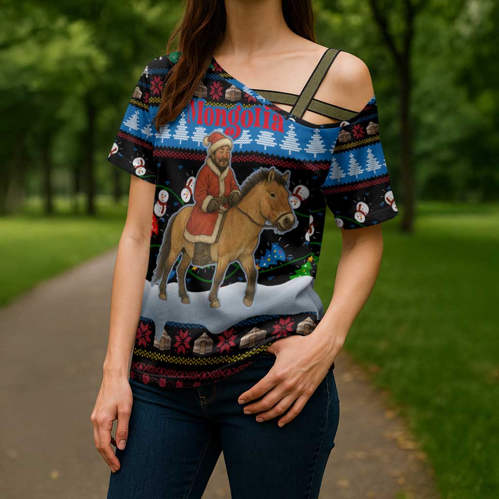 Mongolia Christmas Cross Shoulder Shirt with Santa Riding Horse Snowmen Yurts and Winter Holiday - Wonder Print Shop