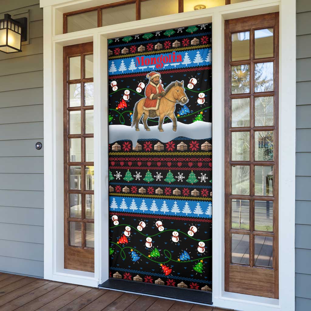Mongolia Christmas Door Cover with Santa Riding Horse Snowmen Yurts and Winter Holiday - Wonder Print Shop