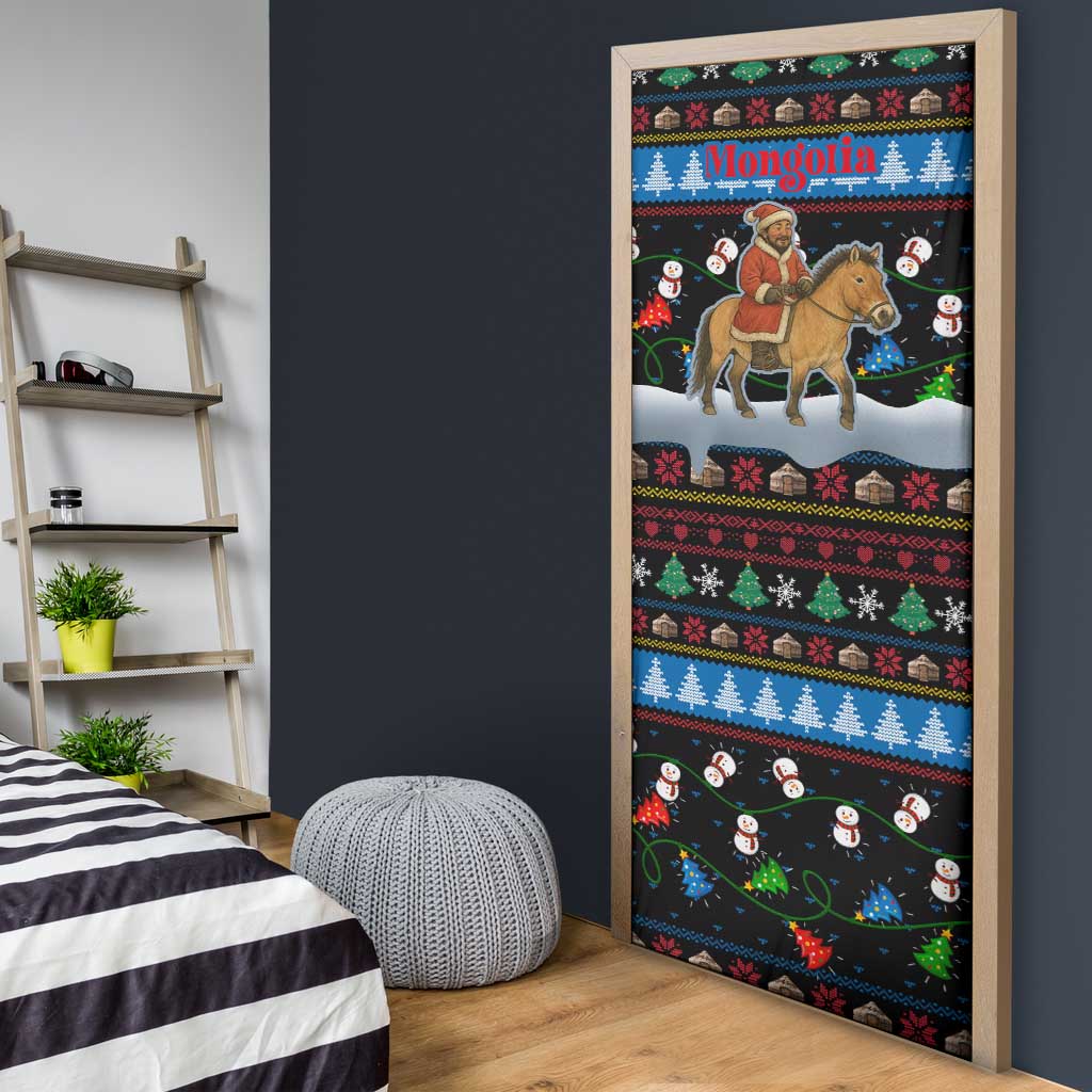 Mongolia Christmas Door Cover with Santa Riding Horse Snowmen Yurts and Winter Holiday - Wonder Print Shop