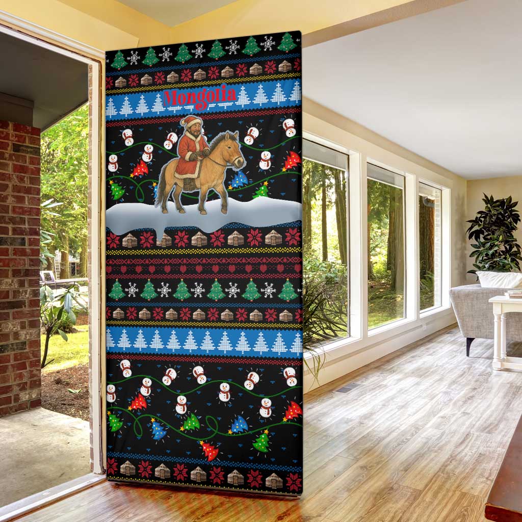 Mongolia Christmas Door Cover with Santa Riding Horse Snowmen Yurts and Winter Holiday - Wonder Print Shop