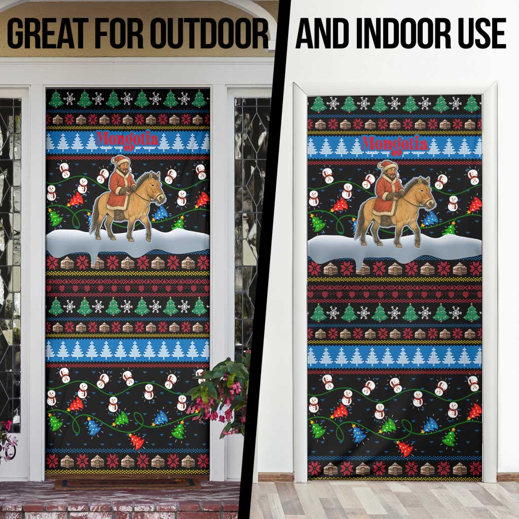 Mongolia Christmas Door Cover with Santa Riding Horse Snowmen Yurts and Winter Holiday - Wonder Print Shop