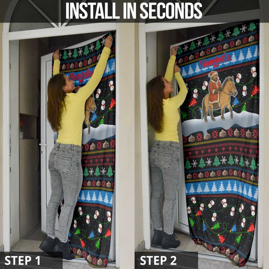 Mongolia Christmas Door Cover with Santa Riding Horse Snowmen Yurts and Winter Holiday - Wonder Print Shop