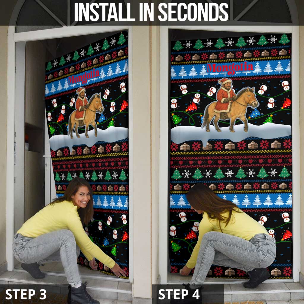 Mongolia Christmas Door Cover with Santa Riding Horse Snowmen Yurts and Winter Holiday - Wonder Print Shop