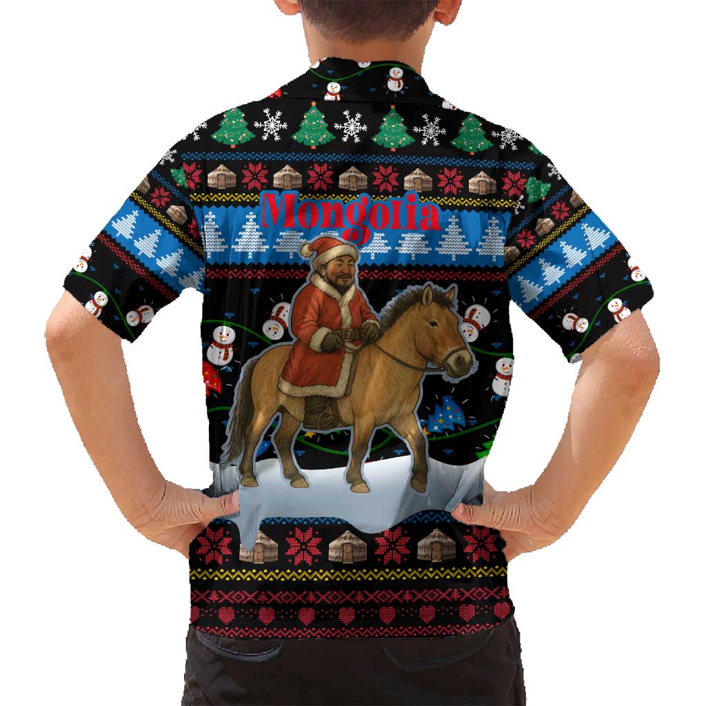 Mongolia Christmas Family Matching Long Sleeve Bodycon Dress and Hawaiian Shirt with Santa Riding Horse Snowmen Yurts and Winter Holiday - Wonder Print Shop