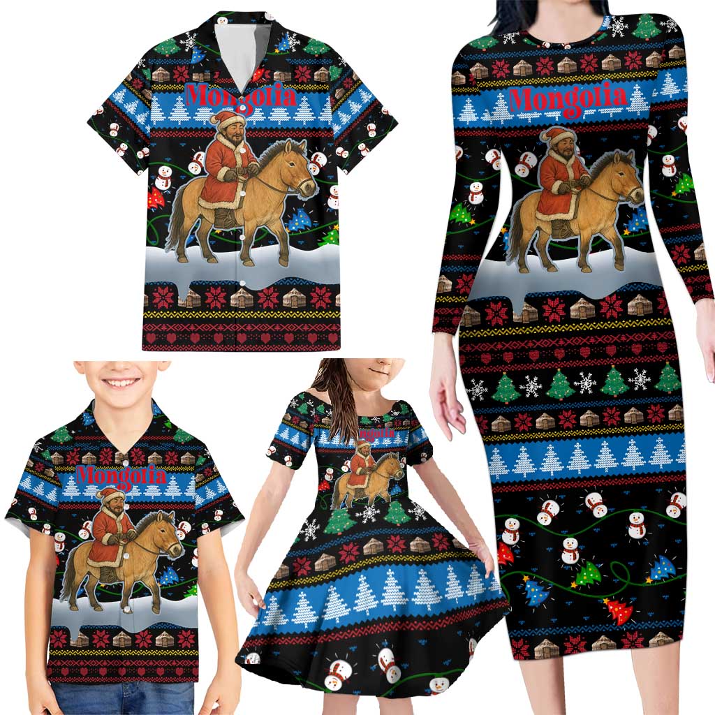 Mongolia Christmas Family Matching Long Sleeve Bodycon Dress and Hawaiian Shirt with Santa Riding Horse Snowmen Yurts and Winter Holiday - Wonder Print Shop