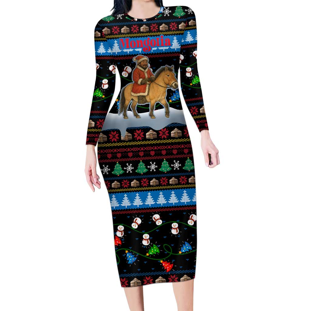 Mongolia Christmas Family Matching Long Sleeve Bodycon Dress and Hawaiian Shirt with Santa Riding Horse Snowmen Yurts and Winter Holiday - Wonder Print Shop