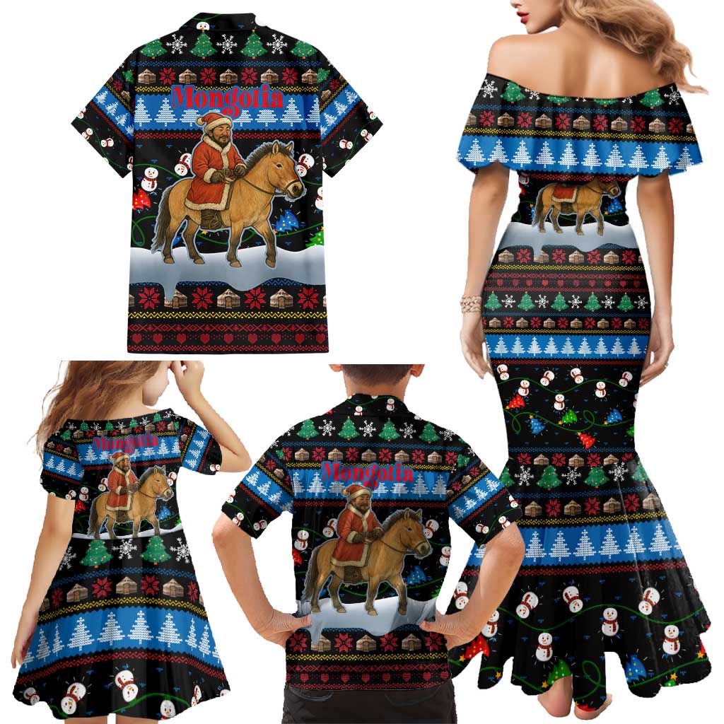 Mongolia Christmas Family Matching Mermaid Dress and Hawaiian Shirt with Santa Riding Horse Snowmen Yurts and Winter Holiday - Wonder Print Shop