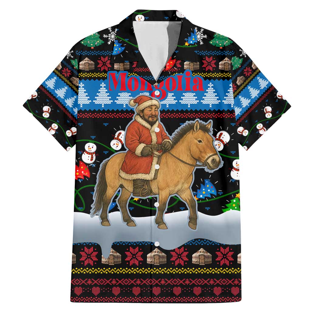 Mongolia Christmas Family Matching Mermaid Dress and Hawaiian Shirt with Santa Riding Horse Snowmen Yurts and Winter Holiday - Wonder Print Shop