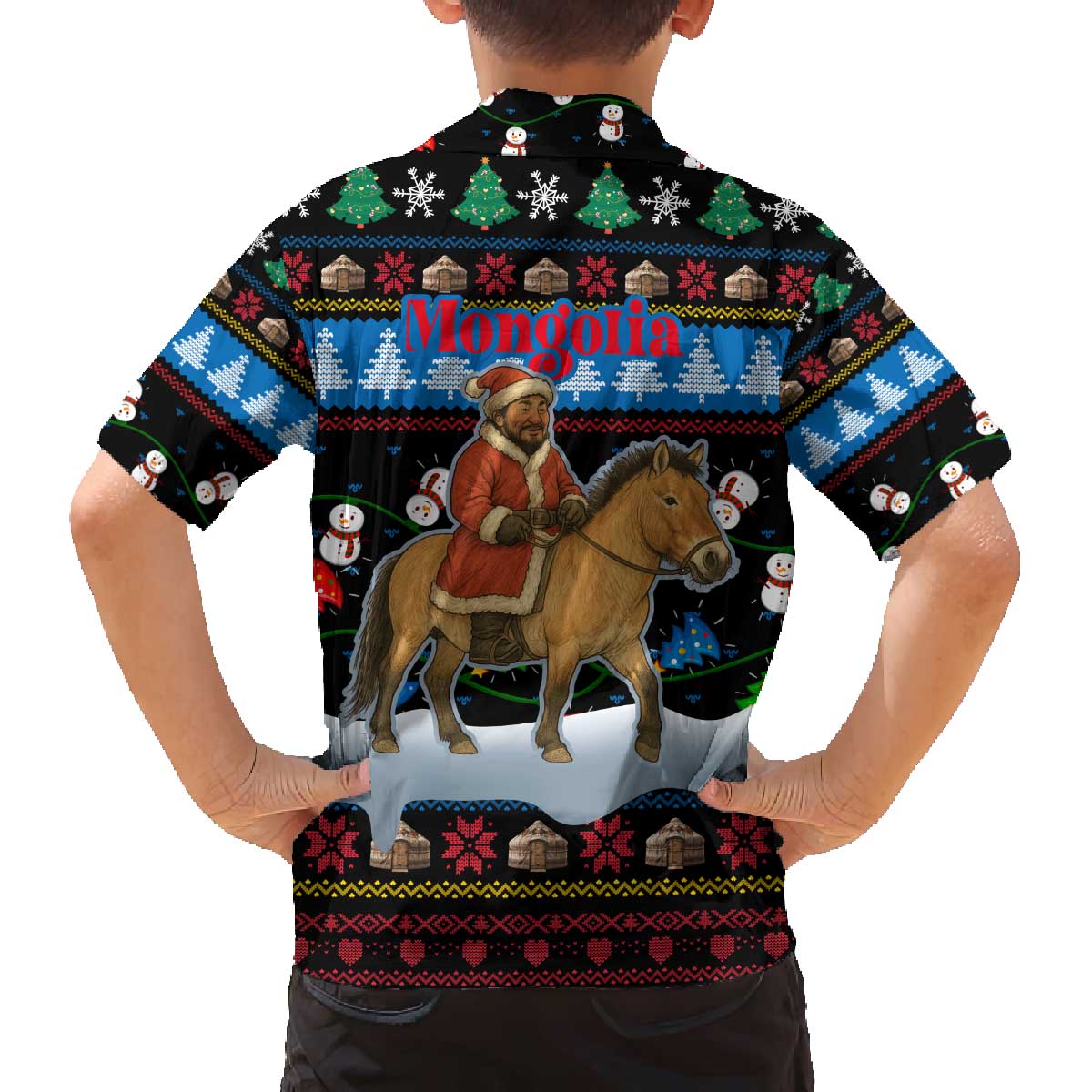 Mongolia Christmas Family Matching Off The Shoulder Long Sleeve Dress and Hawaiian Shirt with Santa Riding Horse Snowmen Yurts and Winter Holiday - Wonder Print Shop