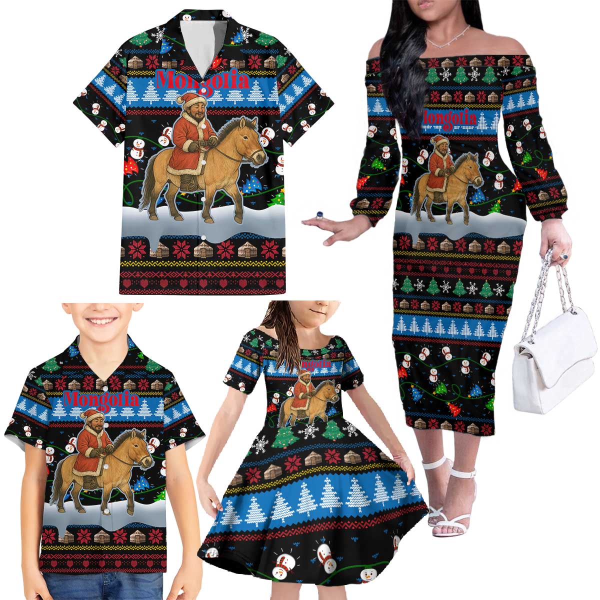 Mongolia Christmas Family Matching Off The Shoulder Long Sleeve Dress and Hawaiian Shirt with Santa Riding Horse Snowmen Yurts and Winter Holiday - Wonder Print Shop