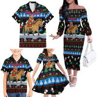 Mongolia Christmas Family Matching Off The Shoulder Long Sleeve Dress and Hawaiian Shirt with Santa Riding Horse Snowmen Yurts and Winter Holiday - Wonder Print Shop