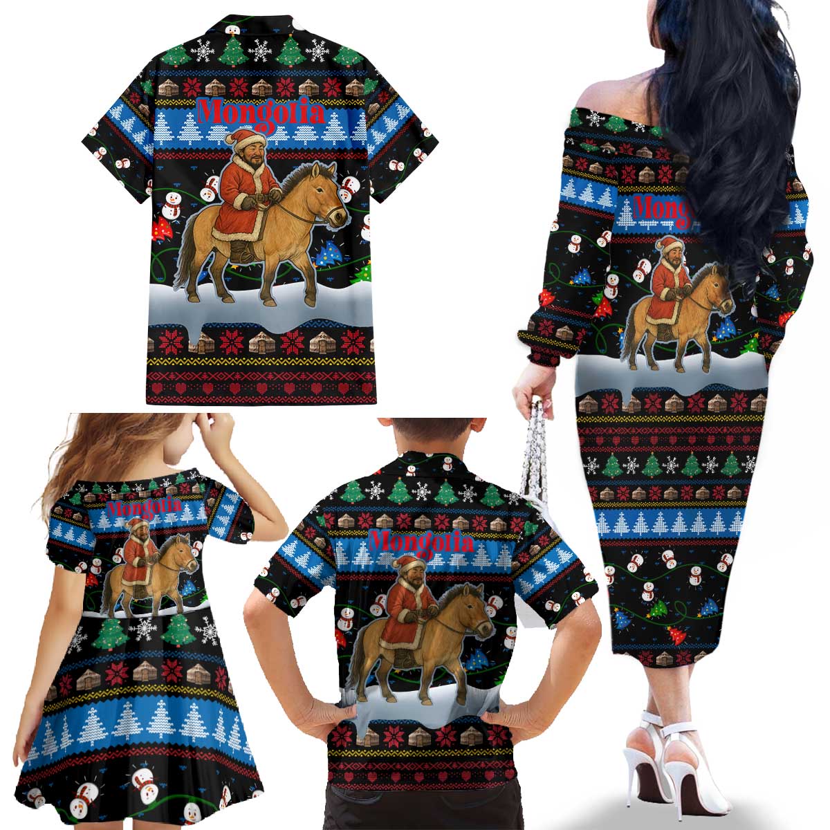 Mongolia Christmas Family Matching Off The Shoulder Long Sleeve Dress and Hawaiian Shirt with Santa Riding Horse Snowmen Yurts and Winter Holiday - Wonder Print Shop