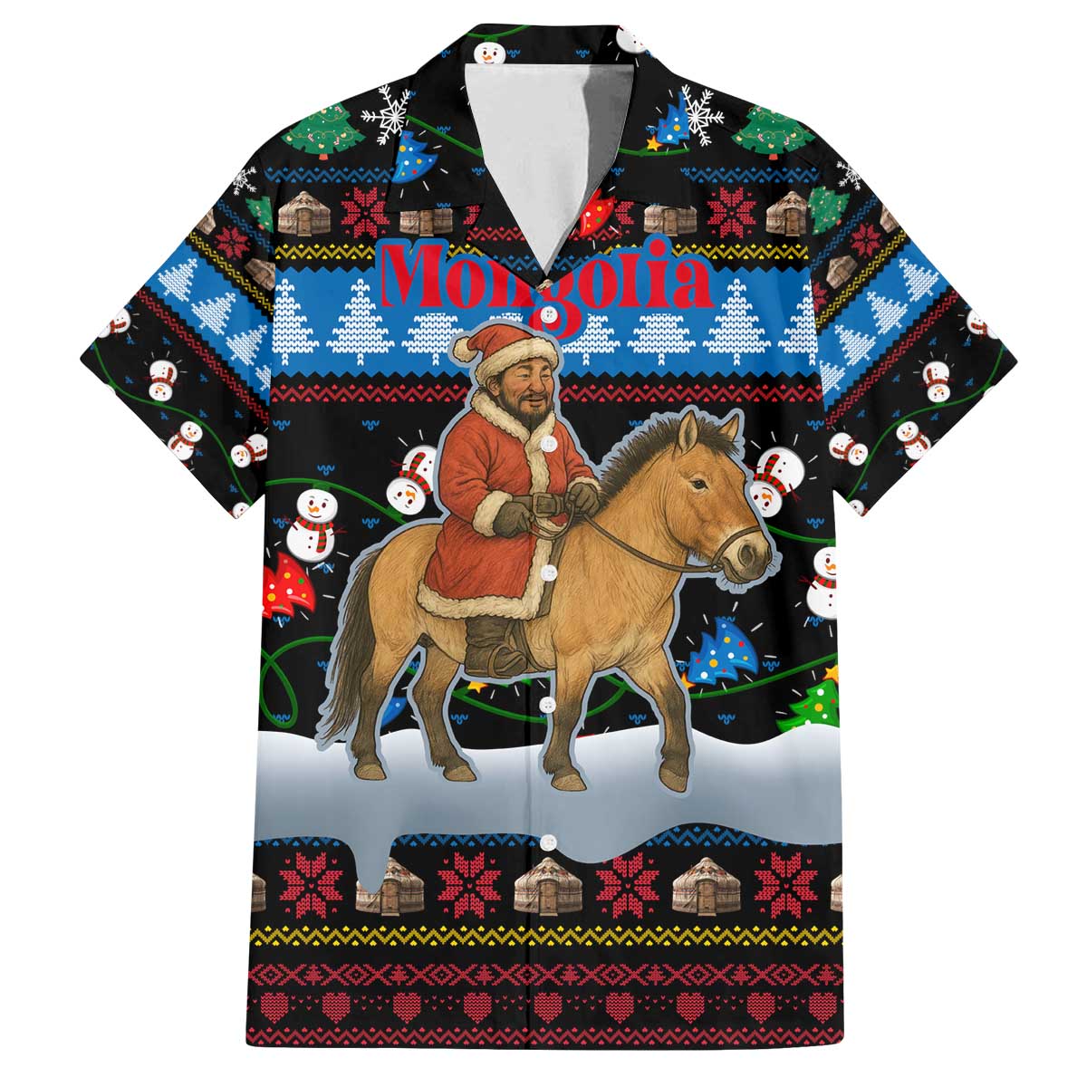 Mongolia Christmas Family Matching Off The Shoulder Long Sleeve Dress and Hawaiian Shirt with Santa Riding Horse Snowmen Yurts and Winter Holiday - Wonder Print Shop