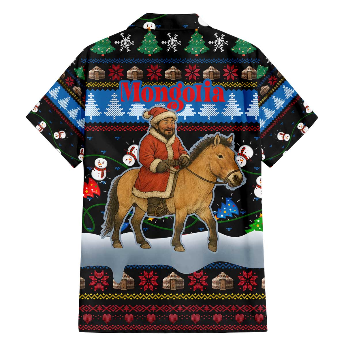 Mongolia Christmas Family Matching Off The Shoulder Long Sleeve Dress and Hawaiian Shirt with Santa Riding Horse Snowmen Yurts and Winter Holiday - Wonder Print Shop