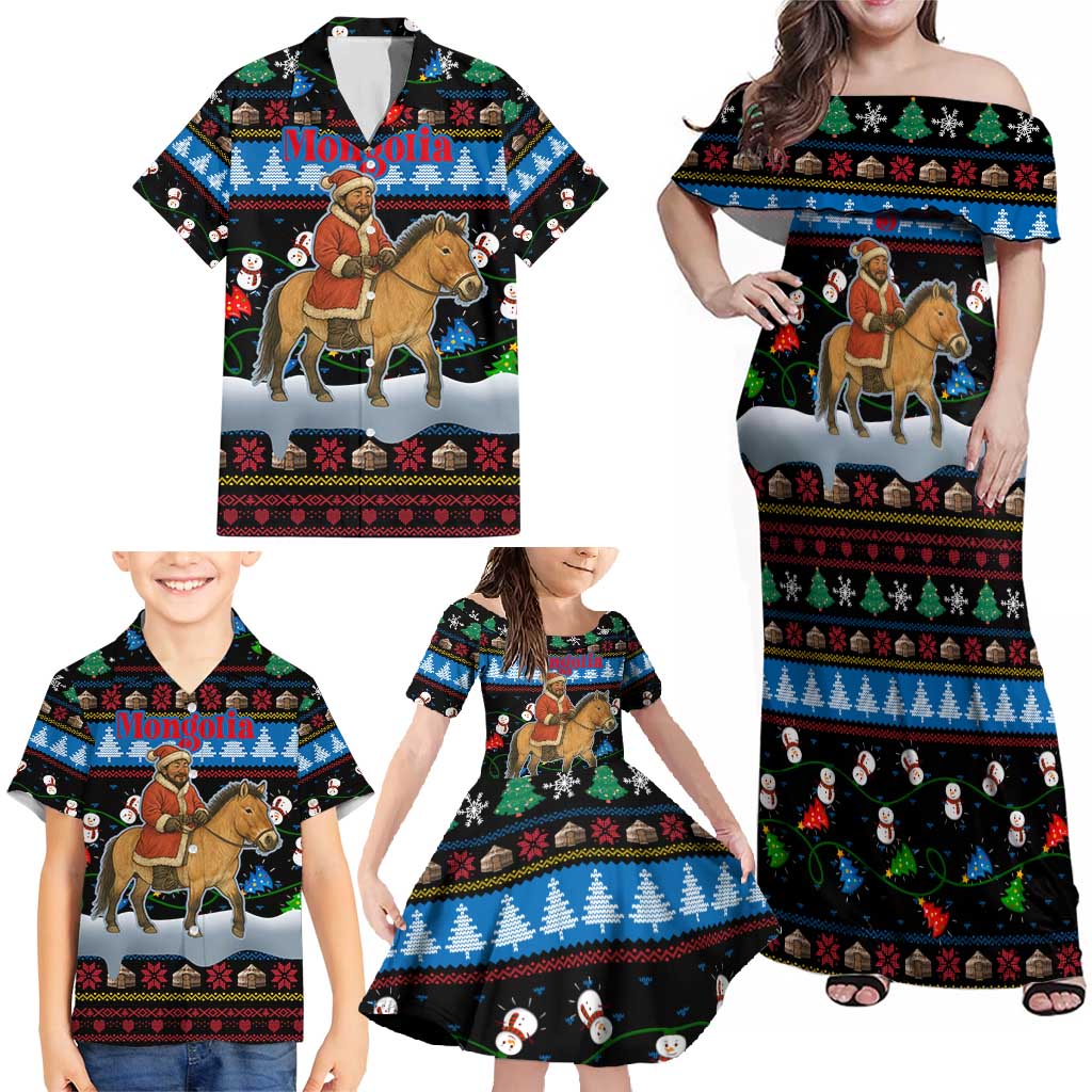 Mongolia Christmas Family Matching Off Shoulder Maxi Dress and Hawaiian Shirt with Santa Riding Horse Snowmen Yurts and Winter Holiday - Wonder Print Shop
