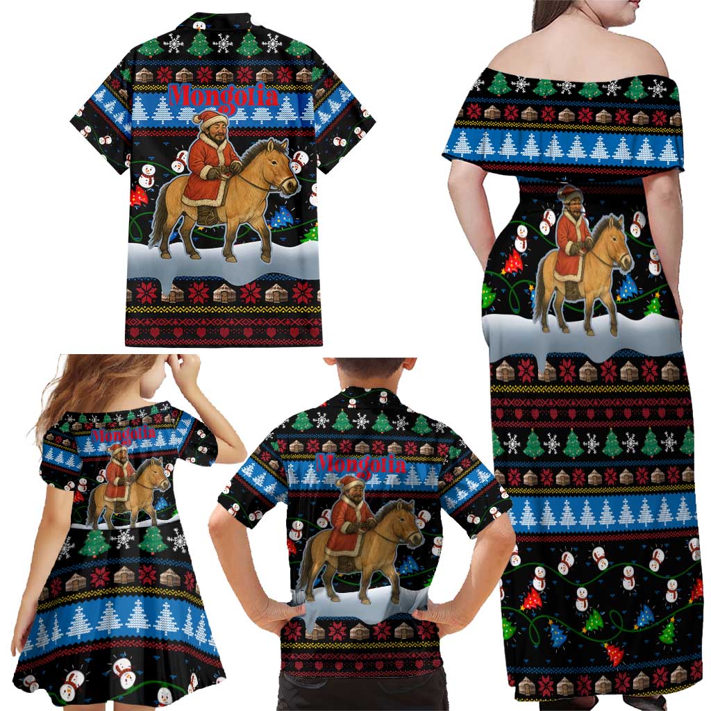 Mongolia Christmas Family Matching Off Shoulder Maxi Dress and Hawaiian Shirt with Santa Riding Horse Snowmen Yurts and Winter Holiday - Wonder Print Shop